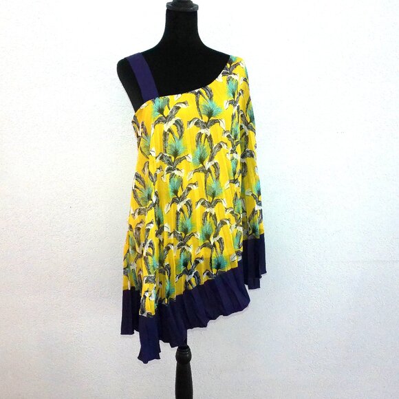 Ryu: Yellow/purple floral pleats one shoulder top, with double layers - Picture 2 of 12